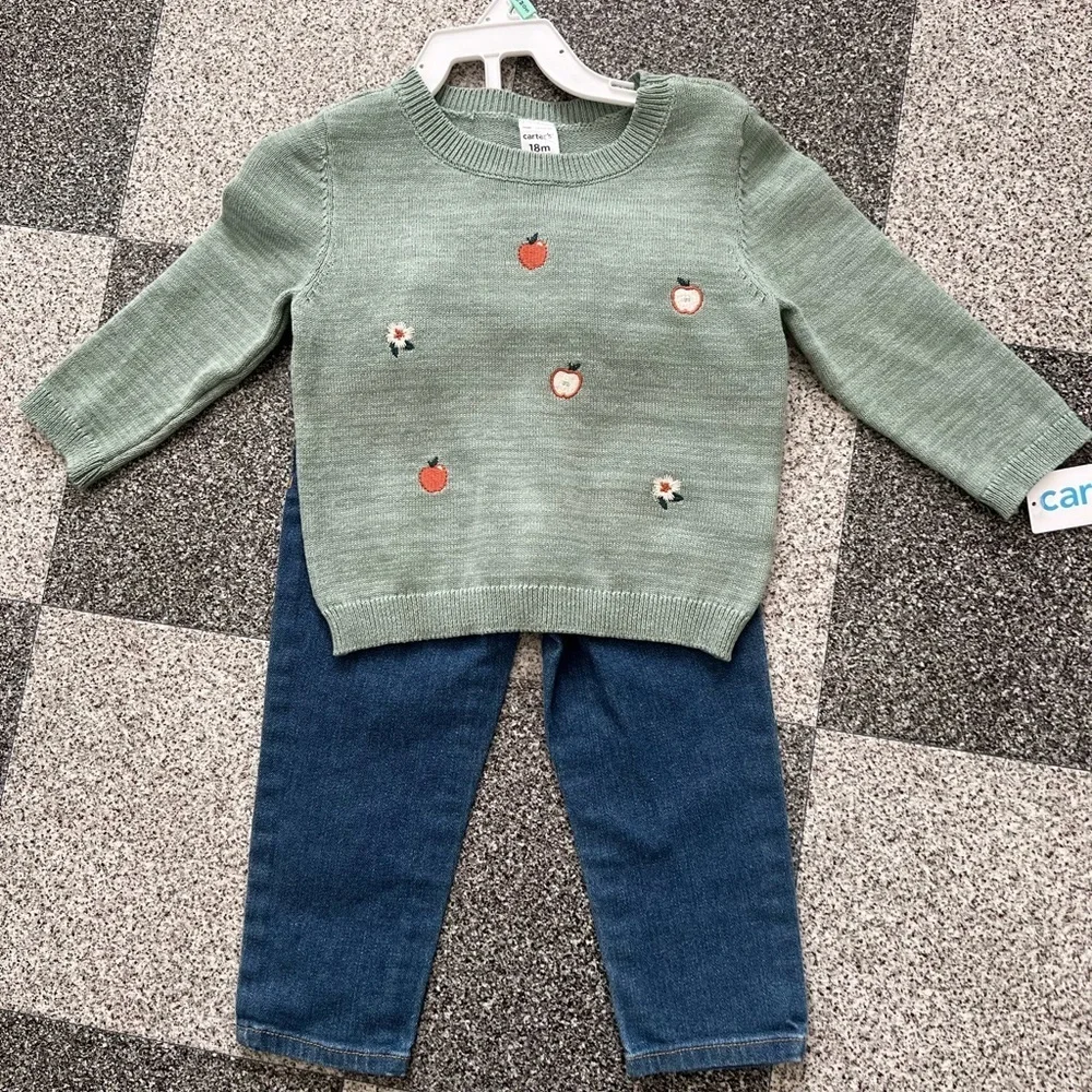 NWT Carter's Girls Green Sweater with Blue Denim Jeans Set- 18M